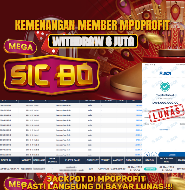 MPOPROFIT JACKPOT SIC BO! KEMENANGAN MURNI DI (INDONESIAN MEGA SIC BO TOTAL Rp 6.000.000,- LUNAS)